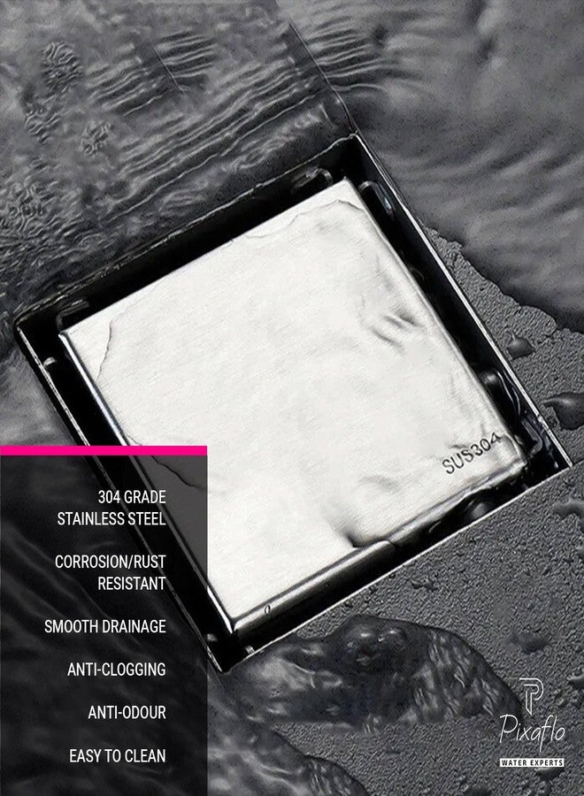 Pixaflo Square Tile Insert Floor Drain | 5 x 5 Inches | 304 Stainless Steel | Invisible Shower Drain Channel | Waste Water Floor Drain for 13mm Tile | Drainer Channel | Anti Cockroach Trap | Silver - Image 3